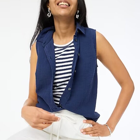 J. Crew Sleeveless Gauze Button Up Collared Tank Top Navy Size S NWT - Picture 3 of 8